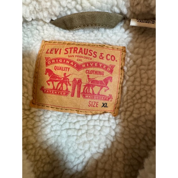 Levis Mens Sherpa Lined Trucker Jacket Olive Brown Canvas Size XL - Picture 2 of 12